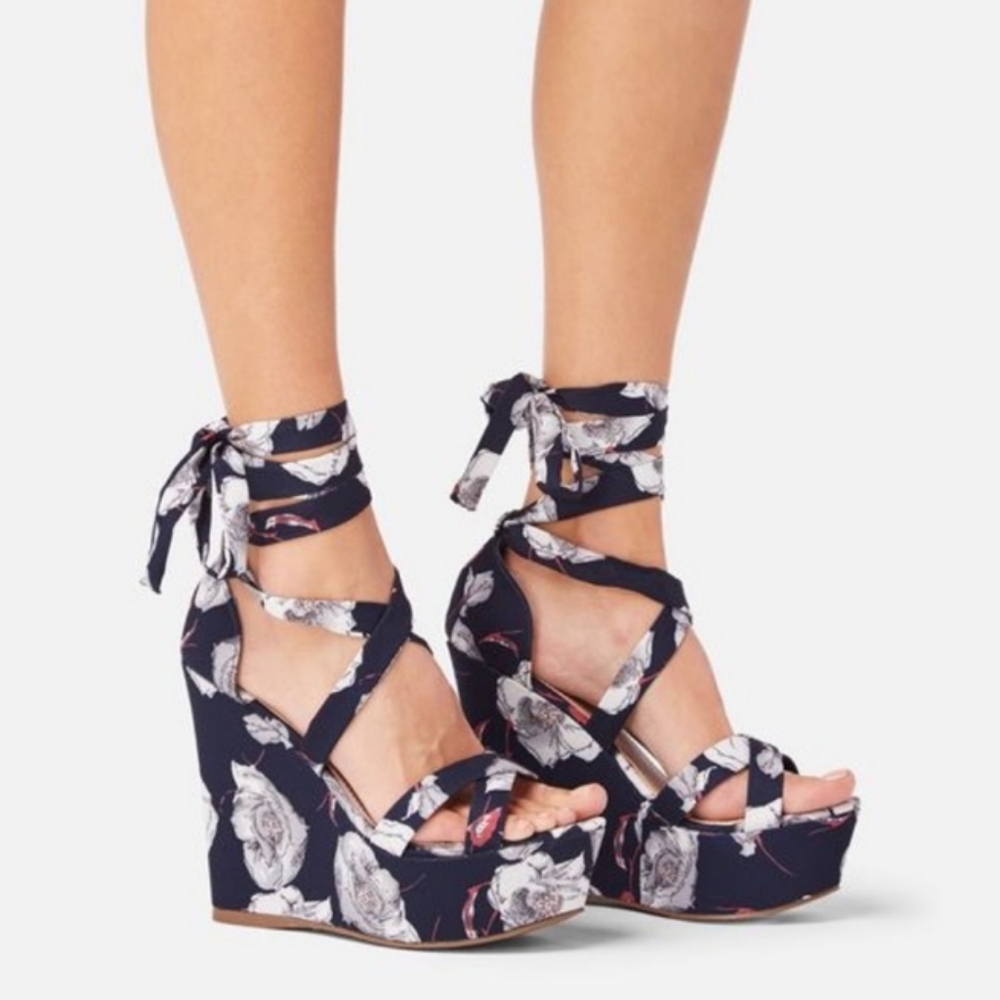 Floral Lace Up Wedges